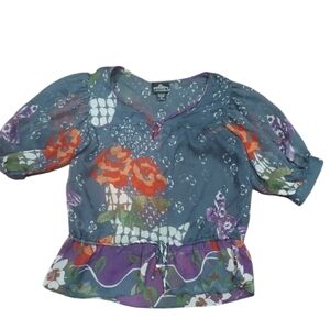 Angie sheer blue chiffon floral blouse with red flowers Size S